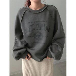 FRIFUL Women's Loose Fit Raglan Sleeve Letter Print Thermal Lined Sweatshirt,